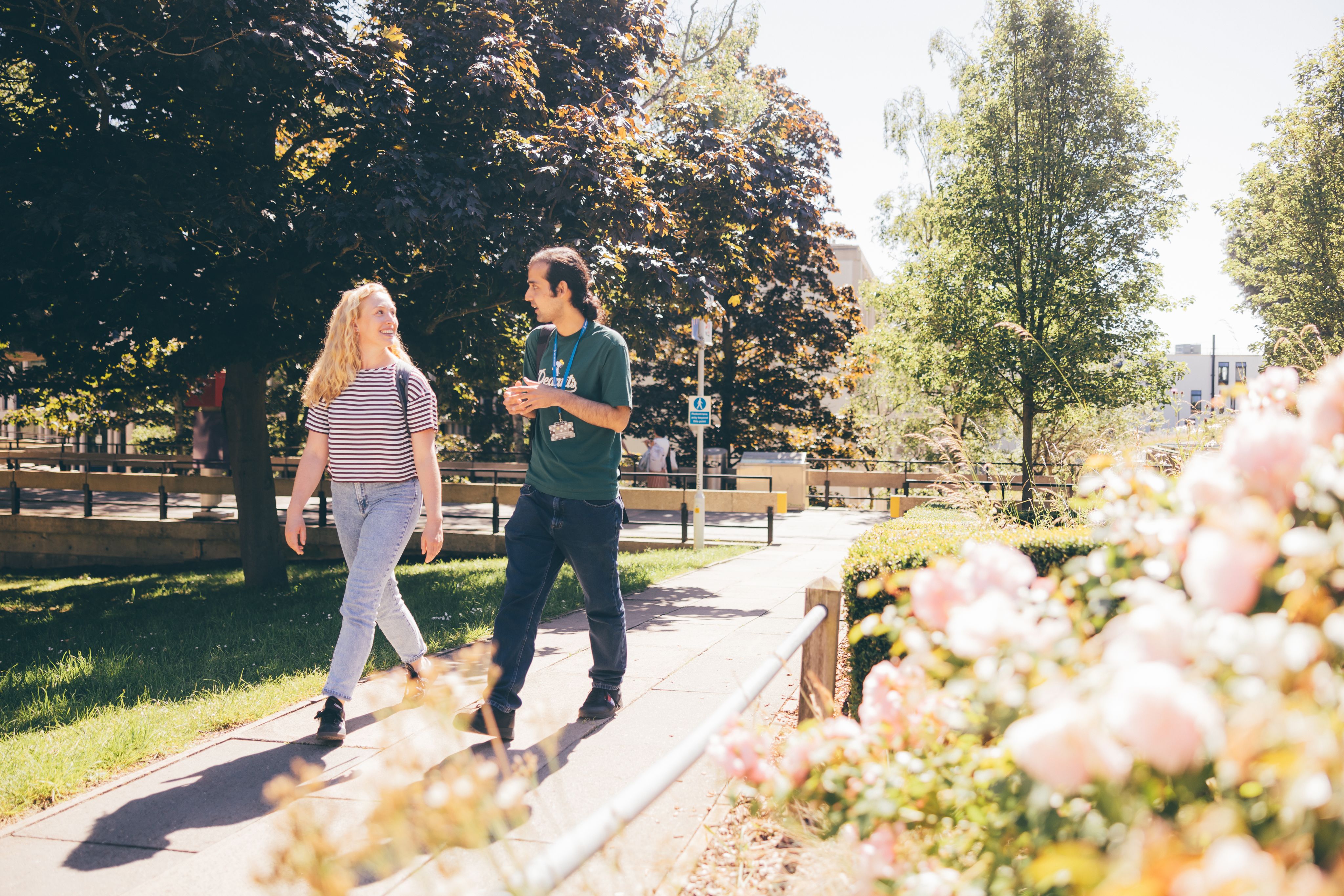 Students walking on campus in the sunshine