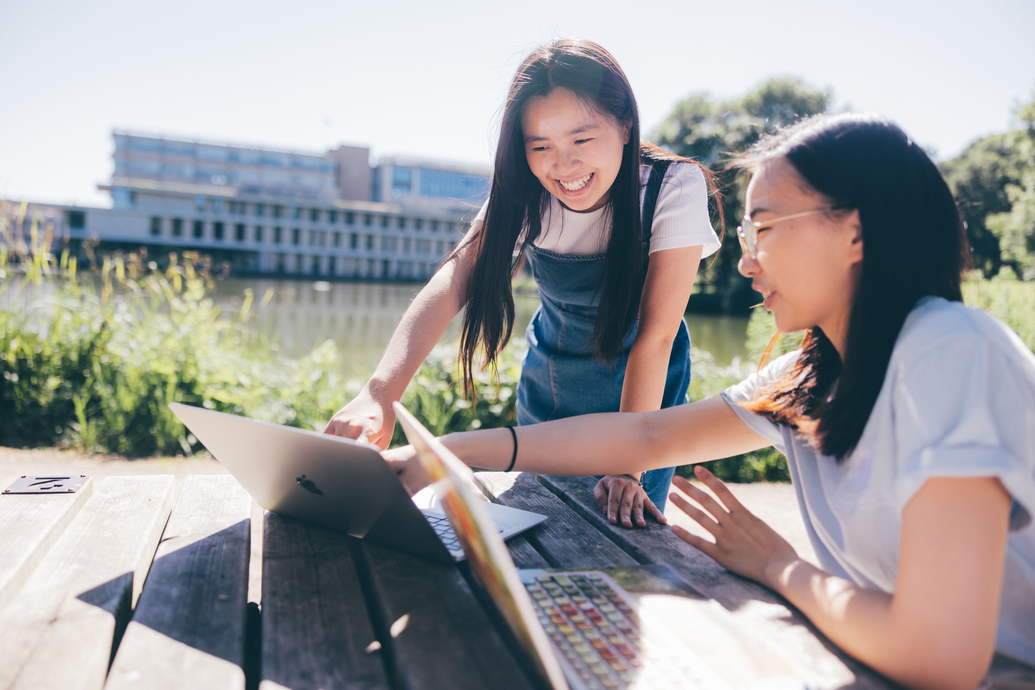 Students studying together by the lake