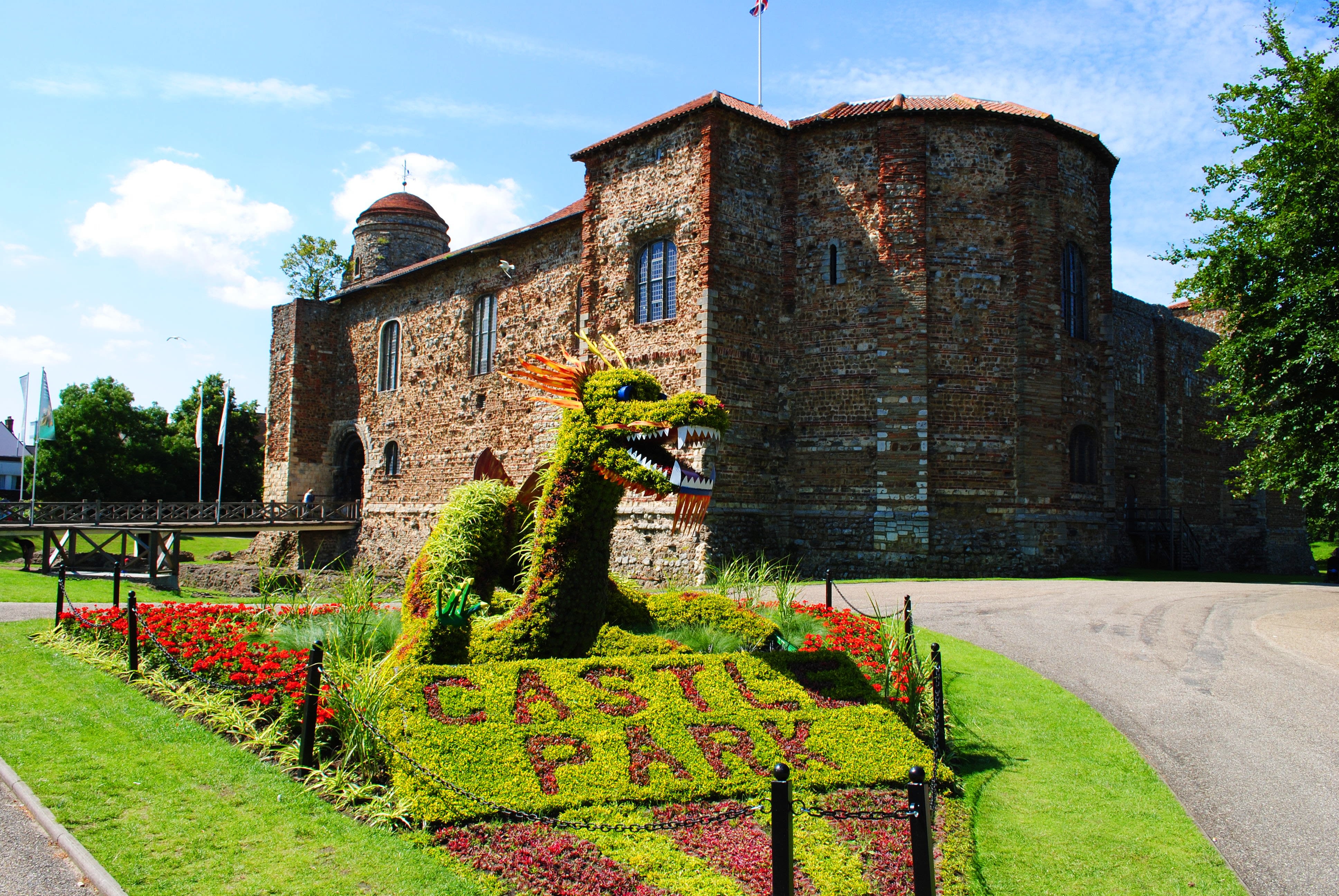 Colchester Castle with Dragon horticultural arrangement