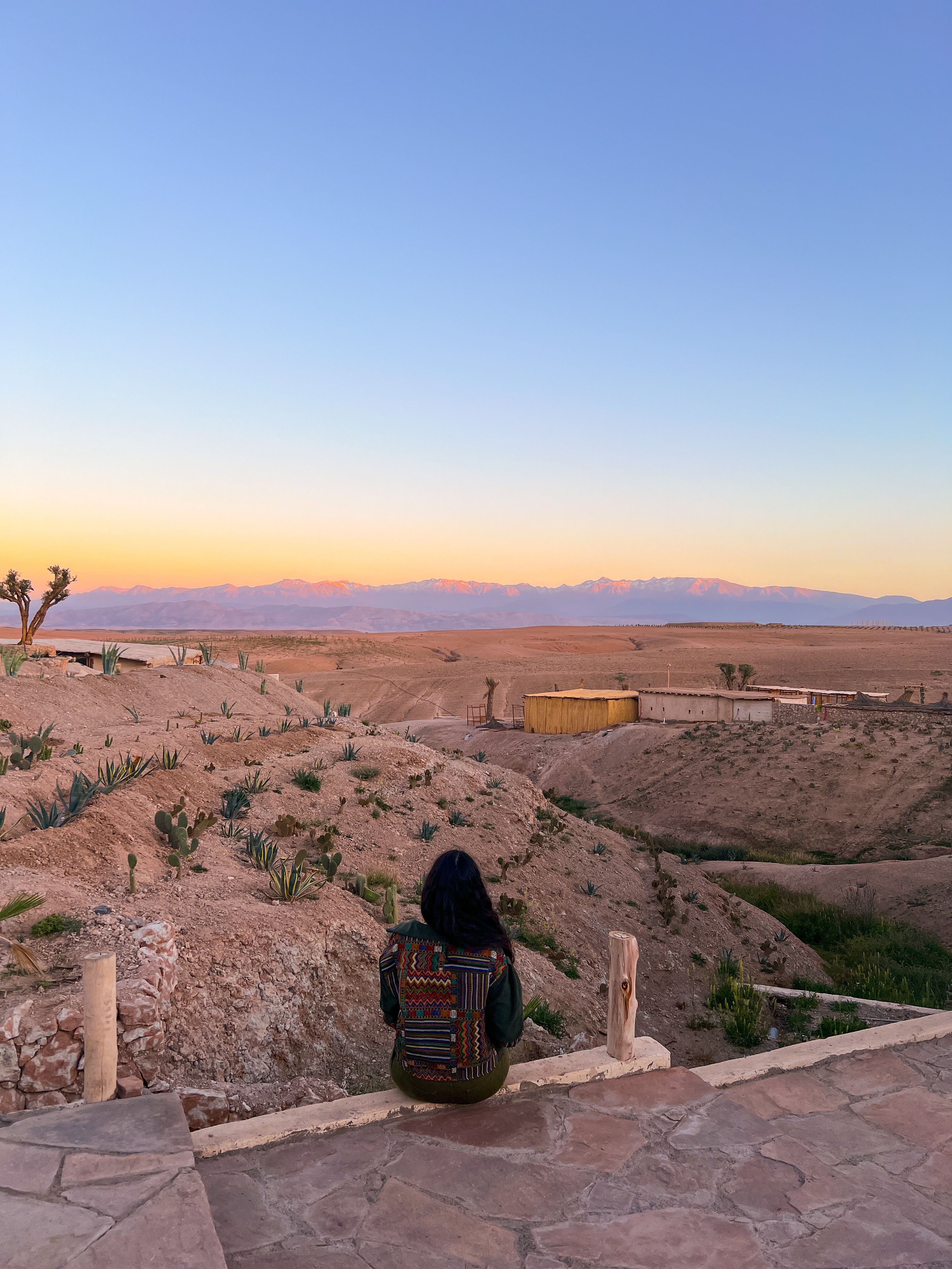 The back of Ela's head with the agafay desert in front of her. 