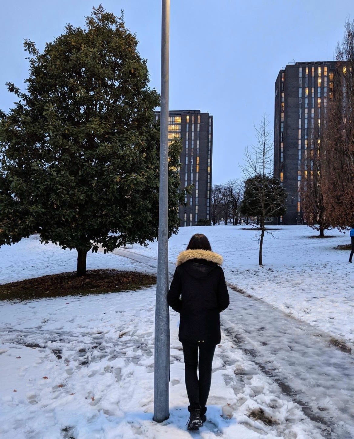 Ela is walking away from the camera, she is wearing a dark winter coat. The ground is covered in snow. It's twilight and the lights in the Essex Towers accommodation in the background are one