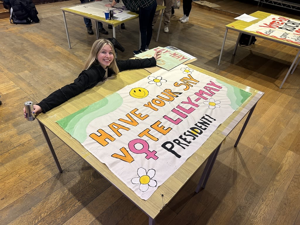 Banner painted in orange and pink which reads "have your say, vote Lily-May for president"