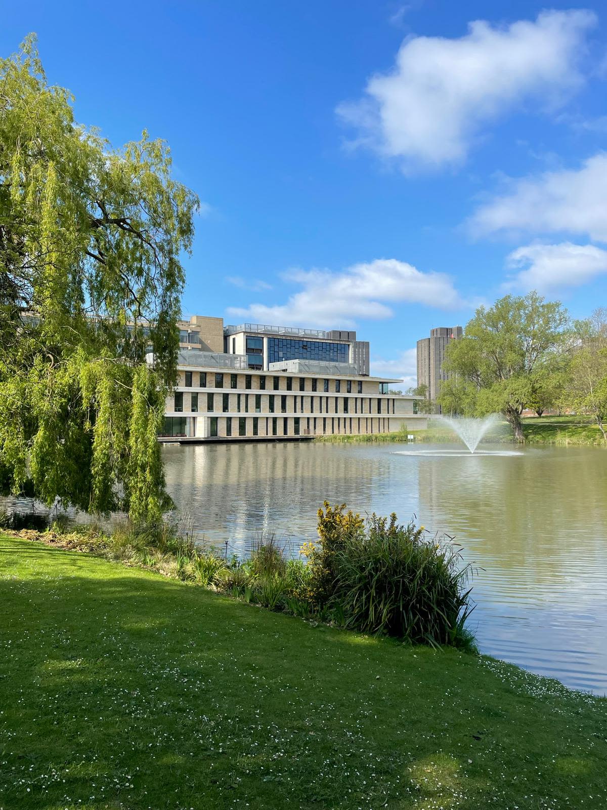 View across the lake at Colchester Campus towards the Silberrad Building and North Towers accommodation
