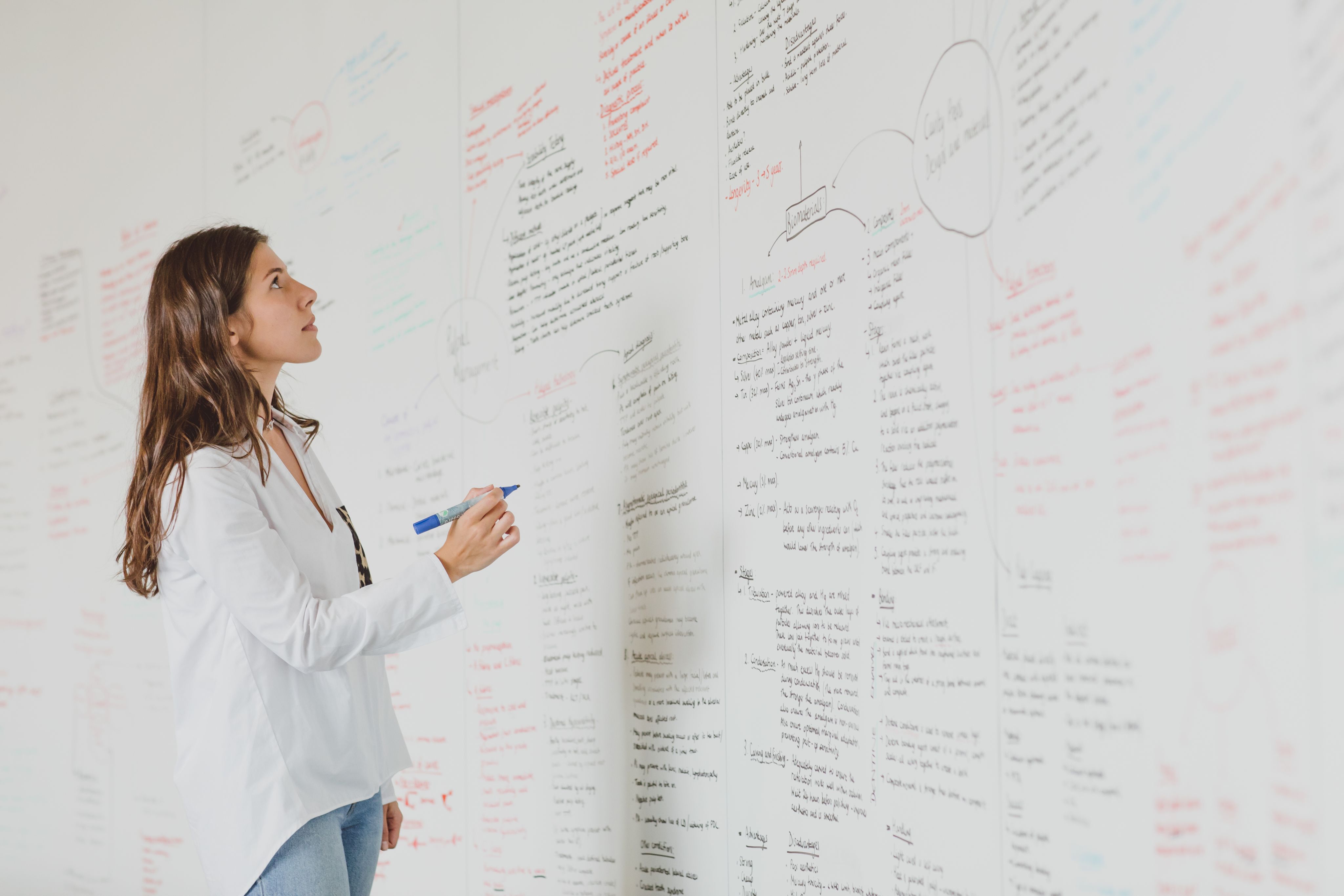 student writing on a large white board