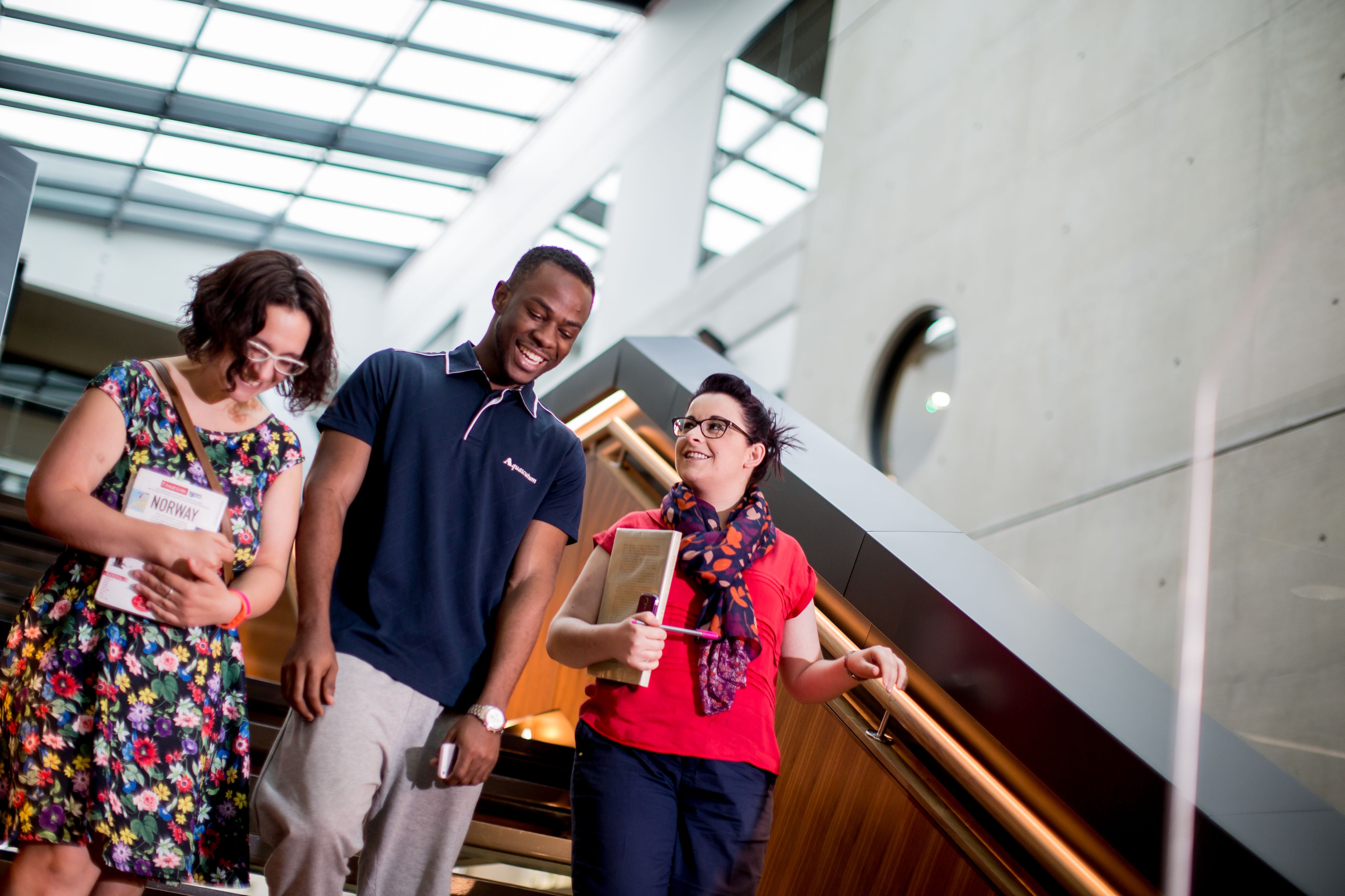 Three students walking down the stairs